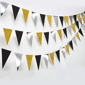 40 Feet Paper Triangle Pennant，Glitter Pennant Banner Bunting for Wedding，Baby Shower，Birthday Party Decorations Supplies(4PCS) (black/gold/silver)