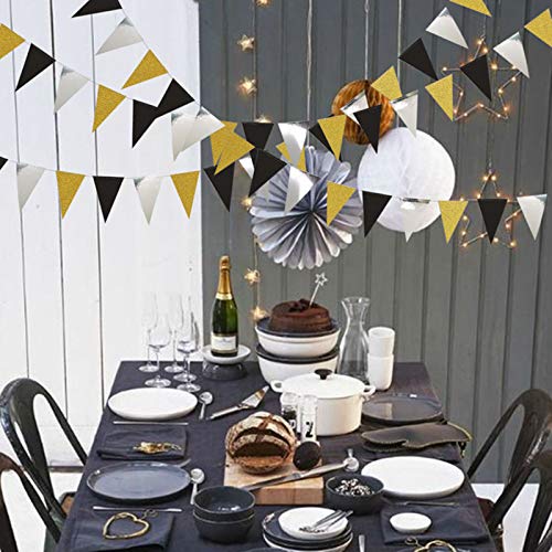 40 Feet Paper Triangle Pennant，Glitter Pennant Banner Bunting for Wedding，Baby Shower，Birthday Party Decorations Supplies(4PCS) (black/gold/silver)