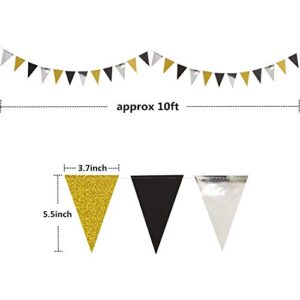 40 Feet Paper Triangle Pennant，Glitter Pennant Banner Bunting for Wedding，Baby Shower，Birthday Party Decorations Supplies(4PCS) (black/gold/silver)