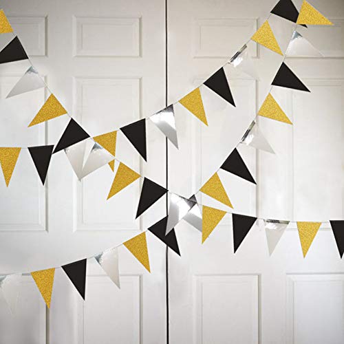 40 Feet Paper Triangle Pennant，Glitter Pennant Banner Bunting for Wedding，Baby Shower，Birthday Party Decorations Supplies(4PCS) (black/gold/silver)