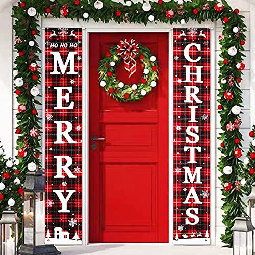 Merry Christmas Door Banners Porch Sign Hanging Banner Flag for Christmas Home Wall Indoor Outdoor Christmas Party Decorations