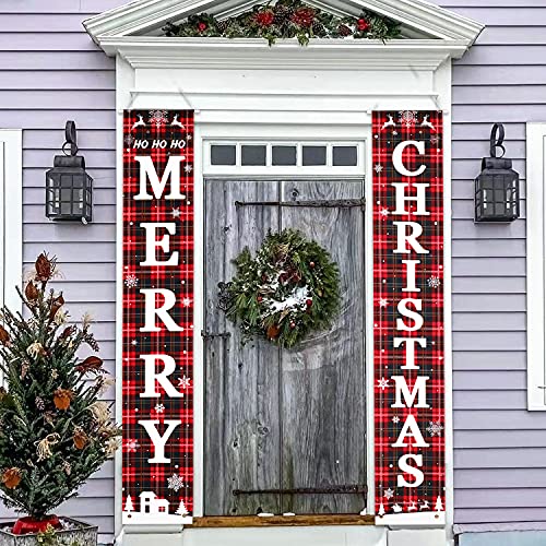 Merry Christmas Door Banners Porch Sign Hanging Banner Flag for Christmas Home Wall Indoor Outdoor Christmas Party Decorations