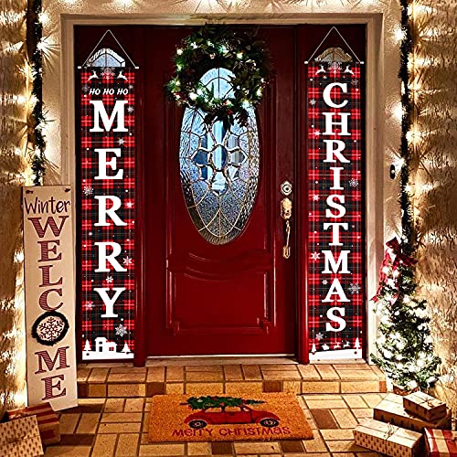 Merry Christmas Door Banners Porch Sign Hanging Banner Flag for Christmas Home Wall Indoor Outdoor Christmas Party Decorations