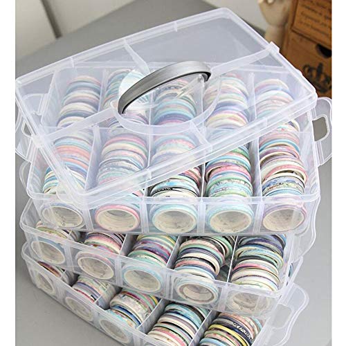 Washi Tape Box Organizer Storage with 30 Adjustable Compartments,Divider Closet Container,Clear,Masking Tape Desktop Tape DIY Sticker Roll Tape Cutter Holder Storage