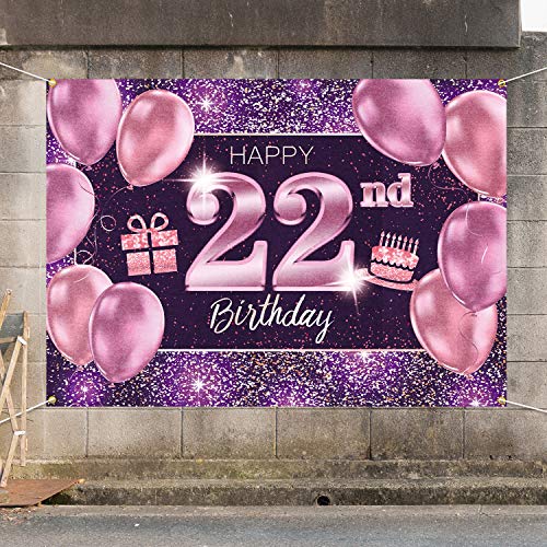 PAKBOOM Happy 22nd Birthday Banner Backdrop - 22 Birthday Party Decorations Supplies for Women Her - Pink Purple Gold 4 x 6ft