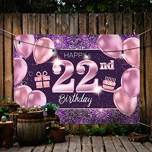 PAKBOOM Happy 22nd Birthday Banner Backdrop - 22 Birthday Party Decorations Supplies for Women Her - Pink Purple Gold 4 x 6ft