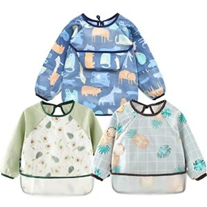 SUPTMAX 3 Pack Long Sleeve Bibs, Waterproof Baby Feeding Bib (gray-blue, gray, avocado)