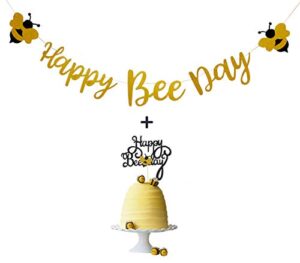 happy bee day banner and gold glitter happy bee day cake topper for bumble bee themed birthday party supplies by topfun