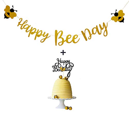 Happy Bee Day Banner and Gold Glitter Happy Bee Day Cake Topper for Bumble Bee Themed Birthday Party Supplies by Topfun