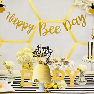 Happy Bee Day Banner and Gold Glitter Happy Bee Day Cake Topper for Bumble Bee Themed Birthday Party Supplies by Topfun