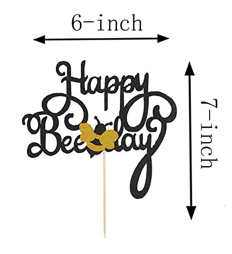 Happy Bee Day Banner and Gold Glitter Happy Bee Day Cake Topper for Bumble Bee Themed Birthday Party Supplies by Topfun