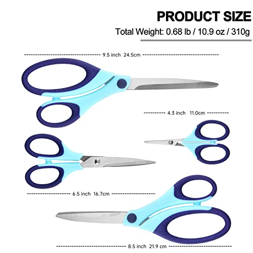 Craft Scissors Set of 4 Pack , All Purpose Sharp Blade Shears Rubber Soft Grip Handle, Multipurpose Fabric Scissors Tool Great for Adults, Office, Sewing, School and Home Supplies, Blue