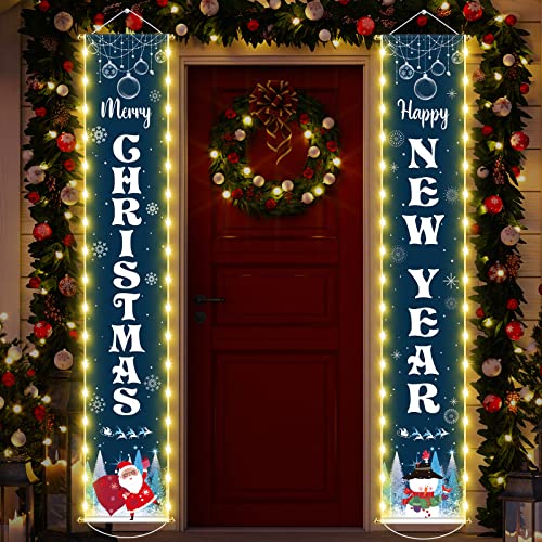 Christmas Banner with Lights Merry Christmas Banners for Outside Happy New Year Banner for Porch Door Sign Indoor Outdoor Garage Wall Yard Hanging Xmas Party Decor, 12 x 71 Inch