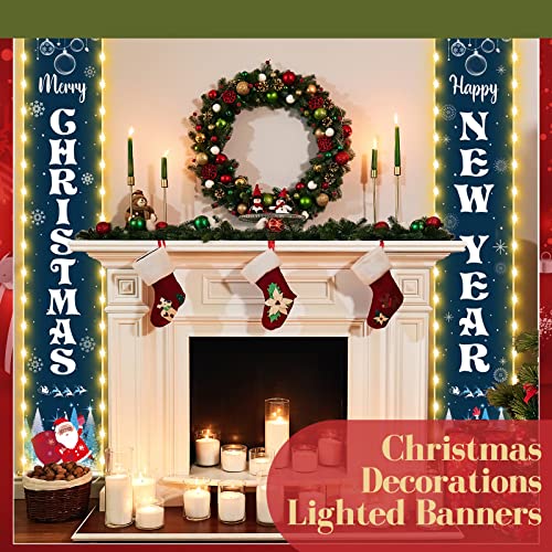 Christmas Banner with Lights Merry Christmas Banners for Outside Happy New Year Banner for Porch Door Sign Indoor Outdoor Garage Wall Yard Hanging Xmas Party Decor, 12 x 71 Inch