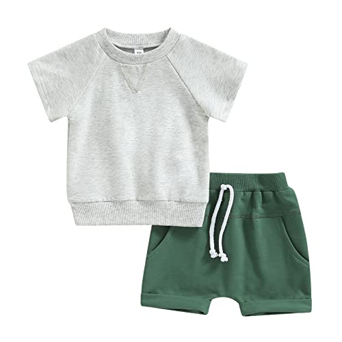 allshope Toddler Baby Boys Summer Clothes Set Short Sleeve Round Neck Solid Color T-Shirt Tops Drawstring Short Pants Outfits (Gray, 18-24 Months)