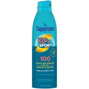 coppertone sport kids sunscreen spray spf 100, water resistant, continuous spray sunscreen for kids, broad spectrum sunscreen spf 100, 5.5 oz spray