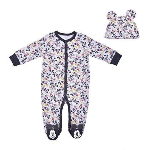 Disney Boy's Mickey Mouse Footed Coverall Bodysuit Creeper with Hat Set, Grey, 6-9 Months