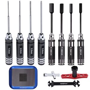 hobbypark hex driver set (1.5mm 2.0mm 2.5mm 3.0mm), hex nut driver set(4.0/5.5/7.0/8.0mm) screwdriver kit, 17mm wheel wrench, rc screw tray, turnbuckle wrench, rc repair tools kit for rc cars