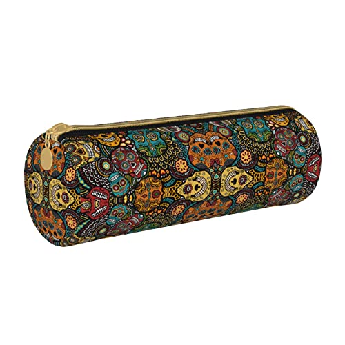 DCARSETCV Colorful Sugar Skulls Pencil Case Cute Pen Case Cylinder Leather Pencil Pouch Office Pencil Box Bag Gifts For Adults Teen School Girls Boys