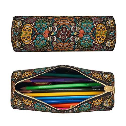 DCARSETCV Colorful Sugar Skulls Pencil Case Cute Pen Case Cylinder Leather Pencil Pouch Office Pencil Box Bag Gifts For Adults Teen School Girls Boys