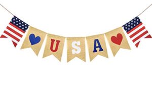 fakteen usa burlap banner for 4th of july patriotic decorations red white blue stars garland american independence day memorial day mantel fireplace party supplies
