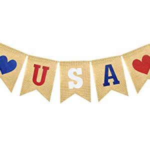 FAKTEEN USA Burlap Banner for 4th of July Patriotic Decorations Red White Blue Stars Garland American Independence Day Memorial Day Mantel Fireplace Party Supplies