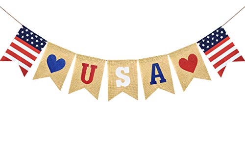 FAKTEEN USA Burlap Banner for 4th of July Patriotic Decorations Red White Blue Stars Garland American Independence Day Memorial Day Mantel Fireplace Party Supplies