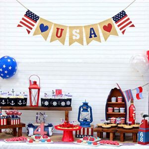 FAKTEEN USA Burlap Banner for 4th of July Patriotic Decorations Red White Blue Stars Garland American Independence Day Memorial Day Mantel Fireplace Party Supplies