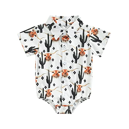 AEEMCEM Baby Boy Western Clothes Cow Print Dress Shirt Bodysuit Short Sleeve Button Up One-Piece Romper Jumpsuit Boho Clothes (A White Cow&Cactus, 0-6 Months)