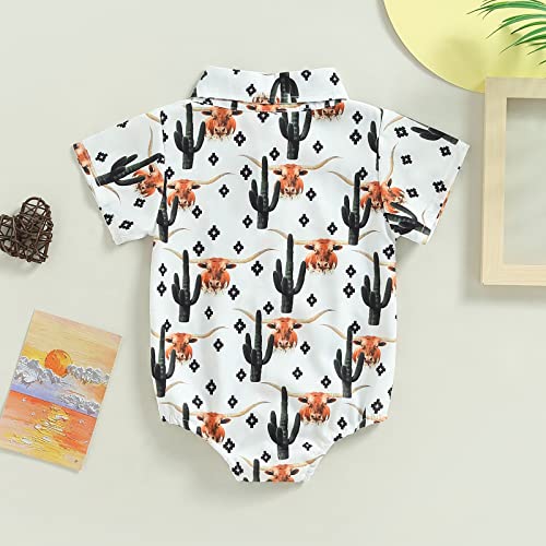 AEEMCEM Baby Boy Western Clothes Cow Print Dress Shirt Bodysuit Short Sleeve Button Up One-Piece Romper Jumpsuit Boho Clothes (A White Cow&Cactus, 0-6 Months)