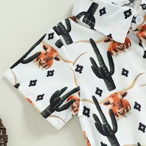 AEEMCEM Baby Boy Western Clothes Cow Print Dress Shirt Bodysuit Short Sleeve Button Up One-Piece Romper Jumpsuit Boho Clothes (A White Cow&Cactus, 0-6 Months)