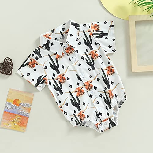 AEEMCEM Baby Boy Western Clothes Cow Print Dress Shirt Bodysuit Short Sleeve Button Up One-Piece Romper Jumpsuit Boho Clothes (A White Cow&Cactus, 0-6 Months)