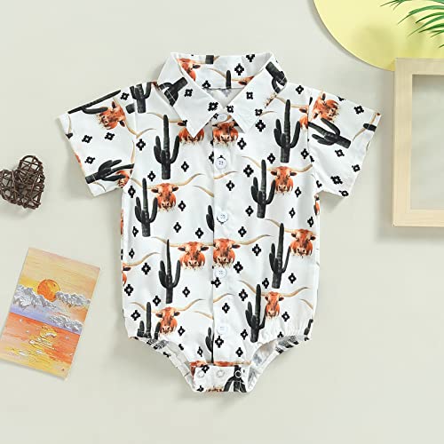 AEEMCEM Baby Boy Western Clothes Cow Print Dress Shirt Bodysuit Short Sleeve Button Up One-Piece Romper Jumpsuit Boho Clothes (A White Cow&Cactus, 0-6 Months)