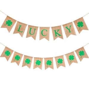 tecunite 2 string st. patrick’s day banners lucky garland and four leaf clover shamrock banner irish burlap banner for st. patrick’s day decoration (style b)