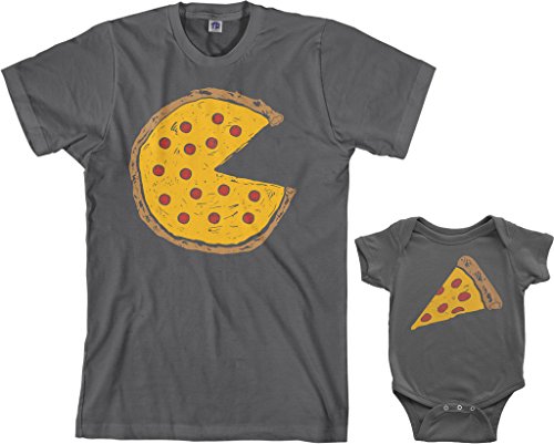 Threadrock Pizza Pie & Slice Infant Bodysuit & Men's T-Shirt Matching Set (Baby: 6M, Charcoal|Men's: XL, Charcoal)