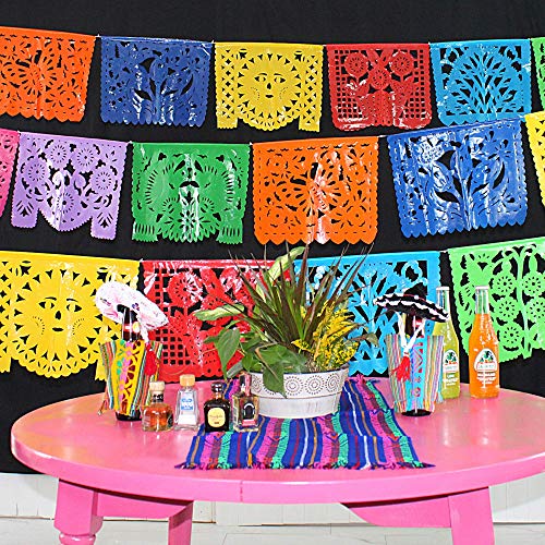 Papel picado, Mexico decor, Fiesta decoration. 16 ft Long, Coco party supplies, Plastic Banner, Cinco de Mayo, taco tuesday, B274