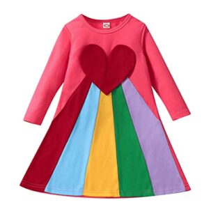 moomtaikid Baby Toddler Girls Dresses Rainbow 3D Heart Splicing Dress O-Neck Long Sleeve Princess Dress Pink 18-24M