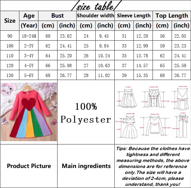 moomtaikid Baby Toddler Girls Dresses Rainbow 3D Heart Splicing Dress O-Neck Long Sleeve Princess Dress Pink 18-24M