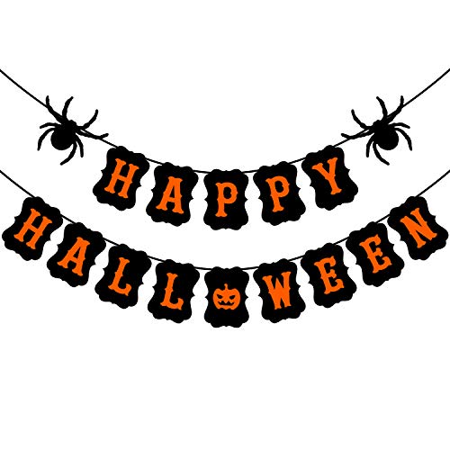 JOZON Happy Halloween Banner Halloween Bunting Banner Garland with Spider Pumpkin Sign for Halloween Party Decorations Halloween Decor for Mantle Fireplace Wall Party Supplies