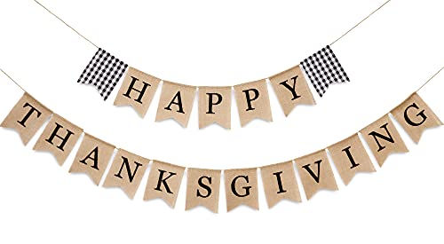 Whaline Happy Thanksgiving Banner Rustic Thanksgiving Bunting Banner White Black Buffalo Plaid Thanksgiving Hanging Decoration Supplies for Farmhouse Home Party Mantle Fireplace Wall Window