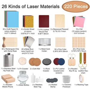 Csyidio 220PCS Engraving Material Box, DIY Materials Apply to All Laser Engravers with Instructions, Laser Engraving Supplies Including Acrylic Sheet, Metal Materials, Wood Materials