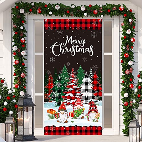 Christmas Door Cover Merry Christmas Door Banner Backdrop Buffalo Plaid Christmas Tree Door Hanging Cover for Xmas Winter Holiday Photography Hanging Decorations Supplies, 71 x 35 Inch