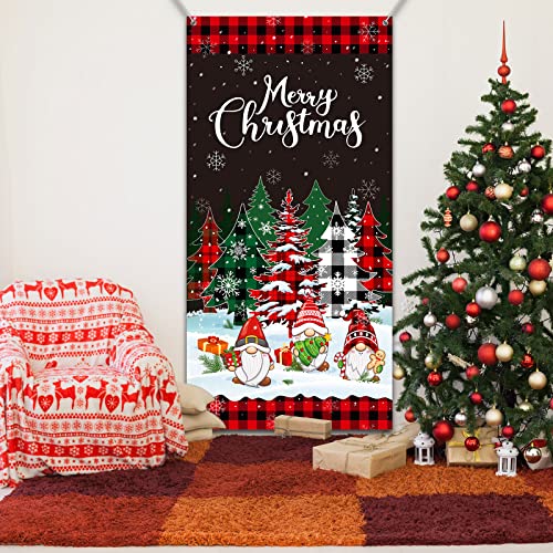 Christmas Door Cover Merry Christmas Door Banner Backdrop Buffalo Plaid Christmas Tree Door Hanging Cover for Xmas Winter Holiday Photography Hanging Decorations Supplies, 71 x 35 Inch