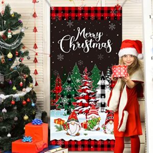 Christmas Door Cover Merry Christmas Door Banner Backdrop Buffalo Plaid Christmas Tree Door Hanging Cover for Xmas Winter Holiday Photography Hanging Decorations Supplies, 71 x 35 Inch
