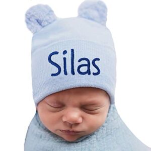 Melondipity Baby Hospital Hat with Ears – Personalized & Customizable Beanie Caps for Infants, Boys - Soft, Stretchy & 2-Ply Fabric - Head Wraps for Newborn – Blue