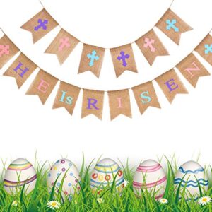 2 sets easter burlap banner he is risen hanging garland printed easter bunting for easter day decorations