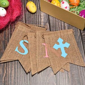 2 Sets Easter Burlap Banner HE is Risen Hanging Garland Printed Easter Bunting for Easter Day Decorations