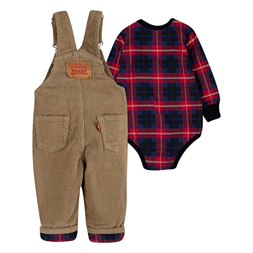 Levi's Baby Boys' Graphic T-Shirt and Overalls 2-Piece Outfit Set, Harvest Gold/Plaid, 4T