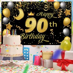 Sweet Happy 90th Birthday Backdrop Banner Poster 90 Birthday Party Decorations 90th Birthday Party Supplies 90th Photo Background for Girls,Boys,Women,Men - Black Gold 72.8 x 43.3 Inch