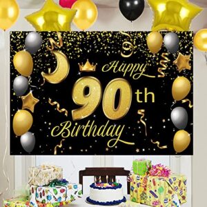 Sweet Happy 90th Birthday Backdrop Banner Poster 90 Birthday Party Decorations 90th Birthday Party Supplies 90th Photo Background for Girls,Boys,Women,Men - Black Gold 72.8 x 43.3 Inch